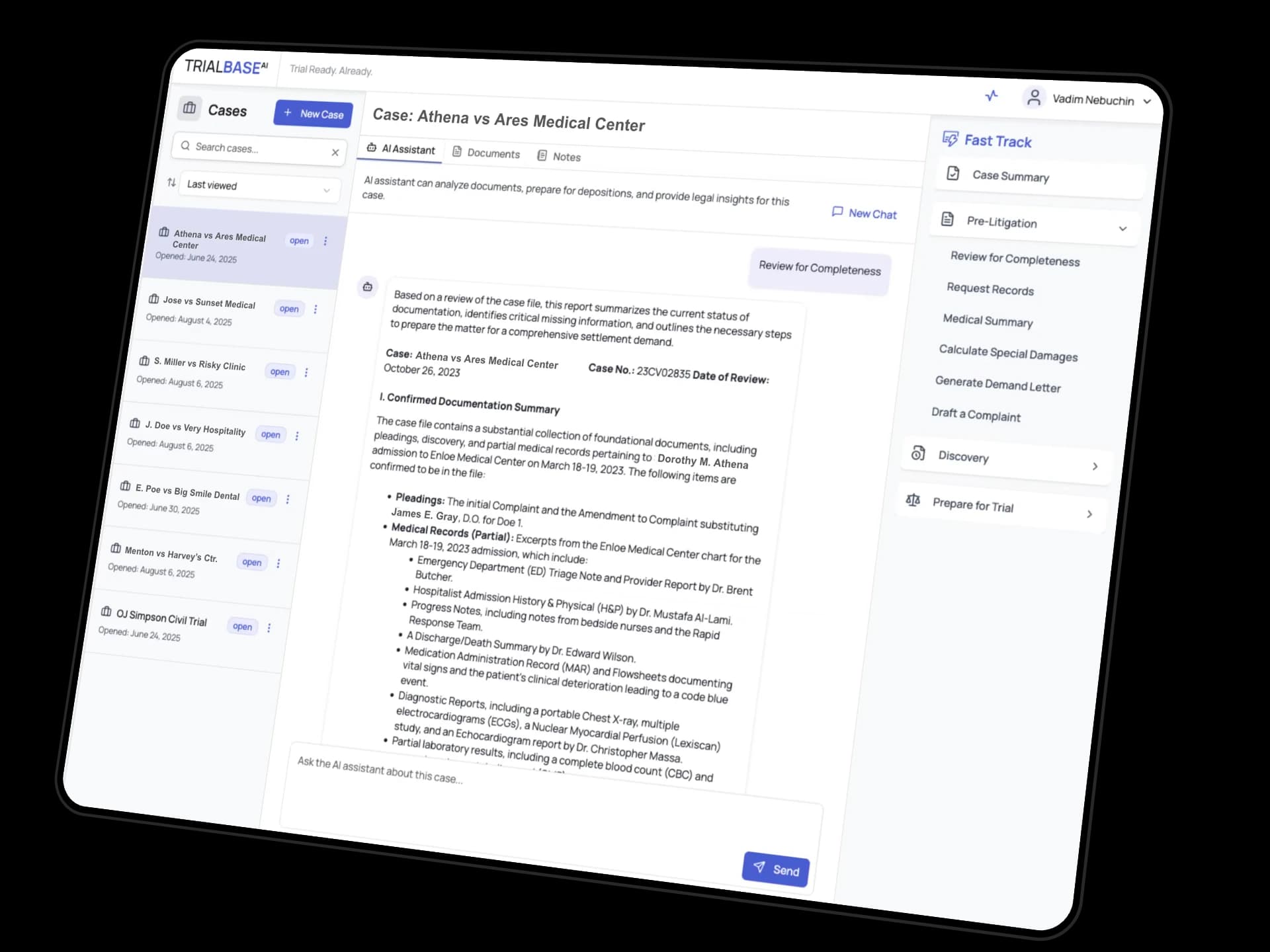 TrialBase demand letter generation showing structured liability analysis